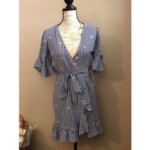 Blue gingham floral wrap dress